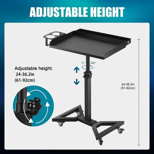 POARMEEY Salon Tray Cart with Extension Tool Tray Tattoo Rolling Cart on Wheels TattooTable Station Adjustable Height for Tattoo Salon Studio