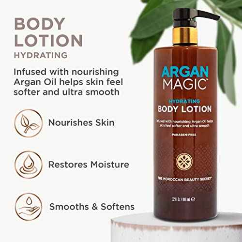 Argan Magic Hydrating Body Lotion with Argan Oil & Shea Butter for Dry Skin - Nourishes Skin, Restores Moisture, Smooths & Softens | Non-Greasy Formula | Paraben Free (32 oz)
