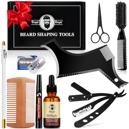 Beard Shaper for Men Beard Shaping Tools - Beard Straightener, Beard Template Guide, Professional Straight Edge Razor, Edge Blade, Barber Pencil, Beard Comb, Scissor, Gifts for Men Boyfriend Husband