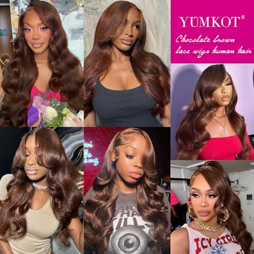 13x6 Chocolate Brown Body Wave Lace Front Wigs Human Hair Pre Plucked 180% Density HD Lace Frontal Wigs with Baby Hair Glueless Brown Wigs for Women 22Inch
