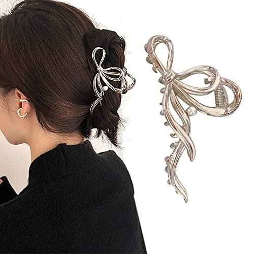 Pearl Metal Hair Clips For Women£¬Silver Hair Clips With Bow tie Style Non-Slip Metal Hair Claw Clips £¬ Easy Pulling Up Your Hair Accessories for Women & Girls