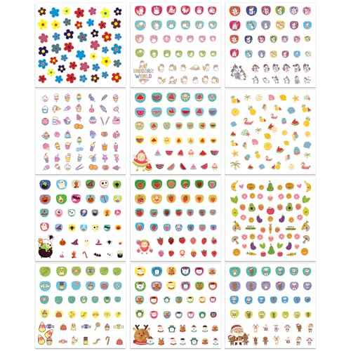 12 Sheets Nail Stickers for Kids Girls, Cute Season Holiday Designs Self-Adhesive Nail Art Decals Flower Watermelon Strawberry Unicorn Halloween Christmas Manicure Decorations