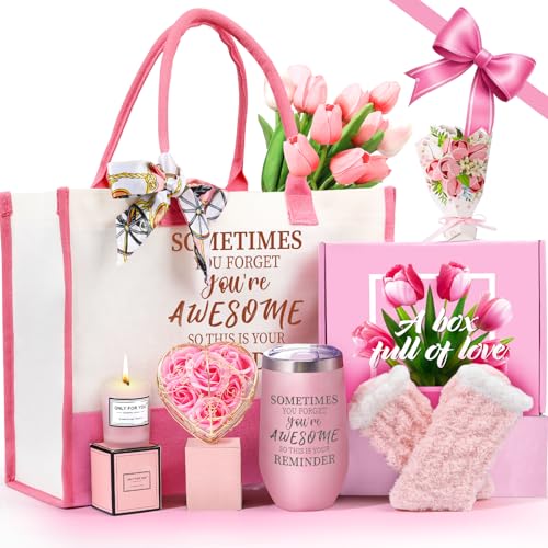 Gifts Baskets for Women, Birthday Baskets for Mom, Sister, Her, Employee, Wife, Thanksgiving Day, Christmas Gifts for Women, Care Package, Gift Sets with Canvas Tote Bag Sock Tumbler Soap Flower