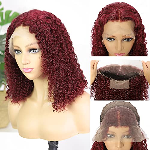 99j Burgundy Bob Lace Front Wigs Human Hair for Women 13x4 Hd Lace Frontal Short Curly Glueless Bob Wigs Pre Plucked Brazilian Remy Hair Wigs Wine Red Color 12 inch