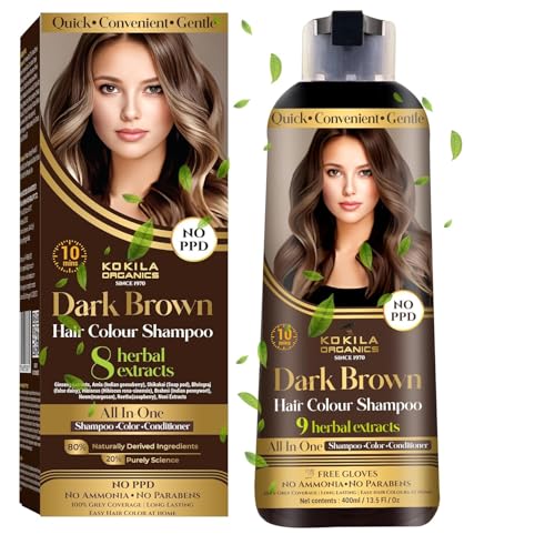Kokila NO PPD Shampoo Hair Colour - Dark Brown 400ml for Women and Men | Natural Extracts | Colours Hair in 10 Minutes | Ammonia Free, Paraben Free - 10 Pair Free Gloves