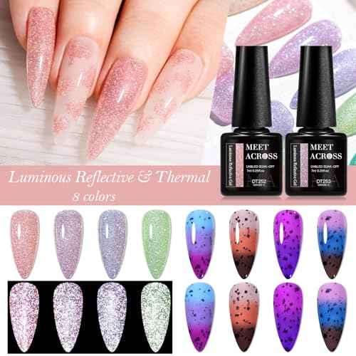 MEET ACROSS Gel Nail Polish Set, 8 Colors, UV/LED Soak Off (Luminous Diamonds + Eggshell Warming Gel, 8pcs)