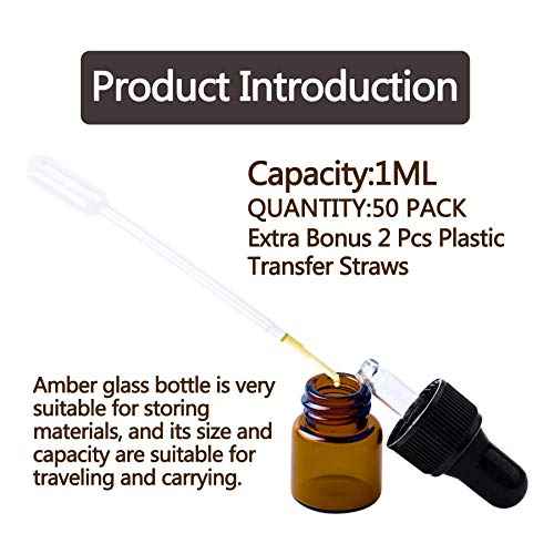 Sample Dropper Bottles, Mini Dropper Bottles with 2 Pcs Plastic Droppers for Traveling Essential Oils DIY Cosmetic Liquid Sample Perfume (Amber, 1ML)