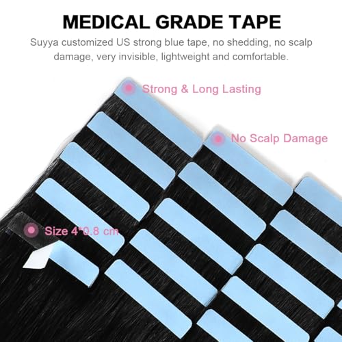 SUYYA Tape in Hair Extensions Human Hair Black Straight 20 Pcs/Pack 50g Tape in Extensions 24 inch Jet Black #1