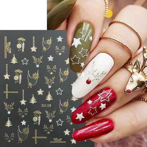 8PCS Christmas Tree Nail Stickers Metallic Nail Decals 3D Self-Adhesive Snowflake Lanterns Bells Elk Bear Star Heart Gold Silver Metal Design Xmas for Women French Manicure Decoration Party