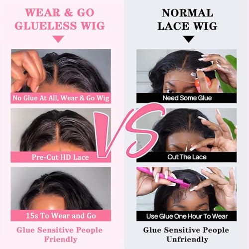 Wear and Go Glueless Bob Wig - Body Wave Lace Front Human Hair Wigs for Black Women - Pre Plucked and Pre Cut 4x4 Lace Closure - No Glue Needed for Beginners (Natural Black Glueless, 28 Inch)