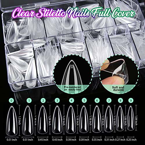 Teenitor Clear Nail Tips Full Cover, Long Stiletto Nails Tips For Acrylic Nails, 600 Pcs Almond Shape Fake Nails Tips With Glue, Acrylic Nail Clipper, Nail Stand Clear Glue On Nails