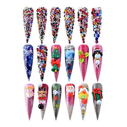 Christmas Nail Art Rhinestones Christmas Resin Nail Charms Nail Foil Sequins 3D Reindeer Socks Bell Christmas Tree Design for Nails Art Gems DIY Crafts Decoration with Wax Pen & Tweezer