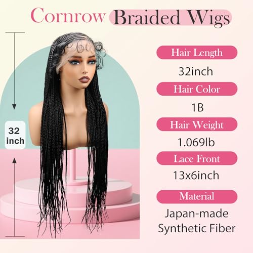 lumeng 13X6 HD Lace Front Cornrow Braided Wigs for Women Knotless Braided Wigs 32" Box Braid Wig with Baby Hair Premium Synthetic Lemonade Braids Natural Looking Hair Black Braided Lace Front Wigs