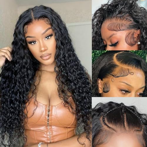 Water Wave 13x4 HD Lace Front Wigs Human Hair 180 Density Wet And Wavy Human Hair Wig Pre Plucked Wigs for Woman With Baby Hair Natural Black Color 28 Inch