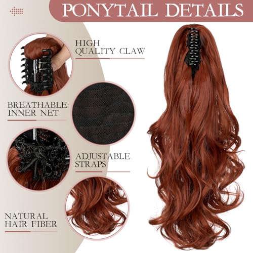 FELENDY Ponytail Extension Claw 18" Copper Red Curly Wavy Clip in Hairpiece One Piece A Jaw Long Pony Tails for Women