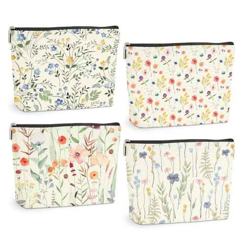 4 Pcs Watercolor Wildflower Makeup Bag, Botanical Cosmetic Bag Plant Lover Friendship Gifts for Women Sister Bestie Mom Friend Thanksgiving Christmas Birthday Gifts Travel Toiletry Bag Accessories