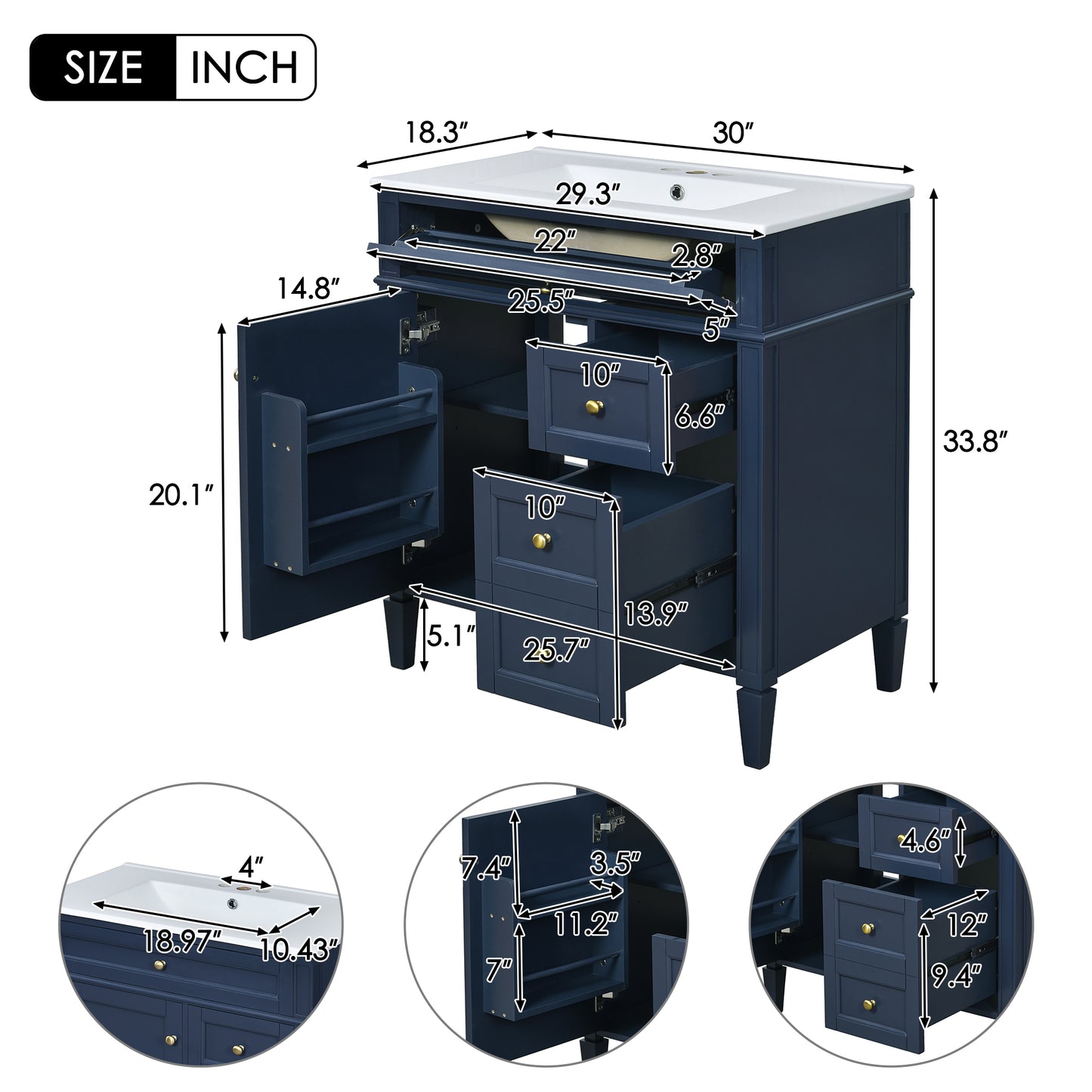 30'' Blue Modern Bathroom Vanity with Sink & Storage Cabinet