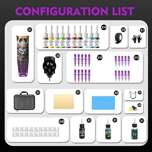 Tattoo Kit Tattoo Gun Wireless Tattoo Machine with 2 Batteries, Tattoo Ink Color Set, 20Pcs Tattoo Needles and Full Accessories Tattoo kit Complete for Beginners(Purple)