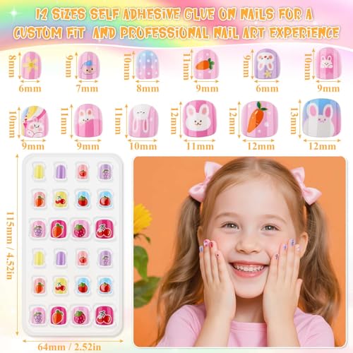144 Pcs Small Kids Nails Set, Thrilez 6 Pack Mini Press on Nail Pre-glue Artificial False Acrylic Nails Set for Little Girl Children