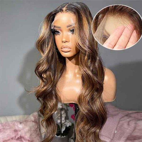 MAXTASK Highlight Ombre Lace Front Wig Human Hair 13x4 HD Transparent 180% Density Body Wave Wigs Human Hair with Baby Hair Pre Plucked for Women 4/27 Honey Blonde Lace Frontal Colored Wigs (26Inch)
