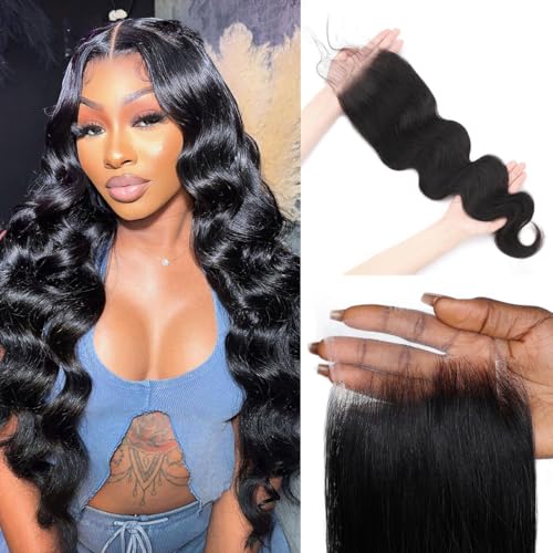 5x5 HD Lace Closure Only Body Wave Human Hair 12A Brazilian Virgin Remy Human Hair Frontal Closure 100% Human Hair Extensions Pre Plucked with Baby Hair Natural Hairline Natural Black 22 Inch