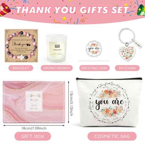 Appreciation Gifts for Mom - 5pcs Pink Box Set for Best Mother Birthday Christmas Gift for Women Thank You Present Kit with Makeup Bag Card Bracelet Keychain Candle