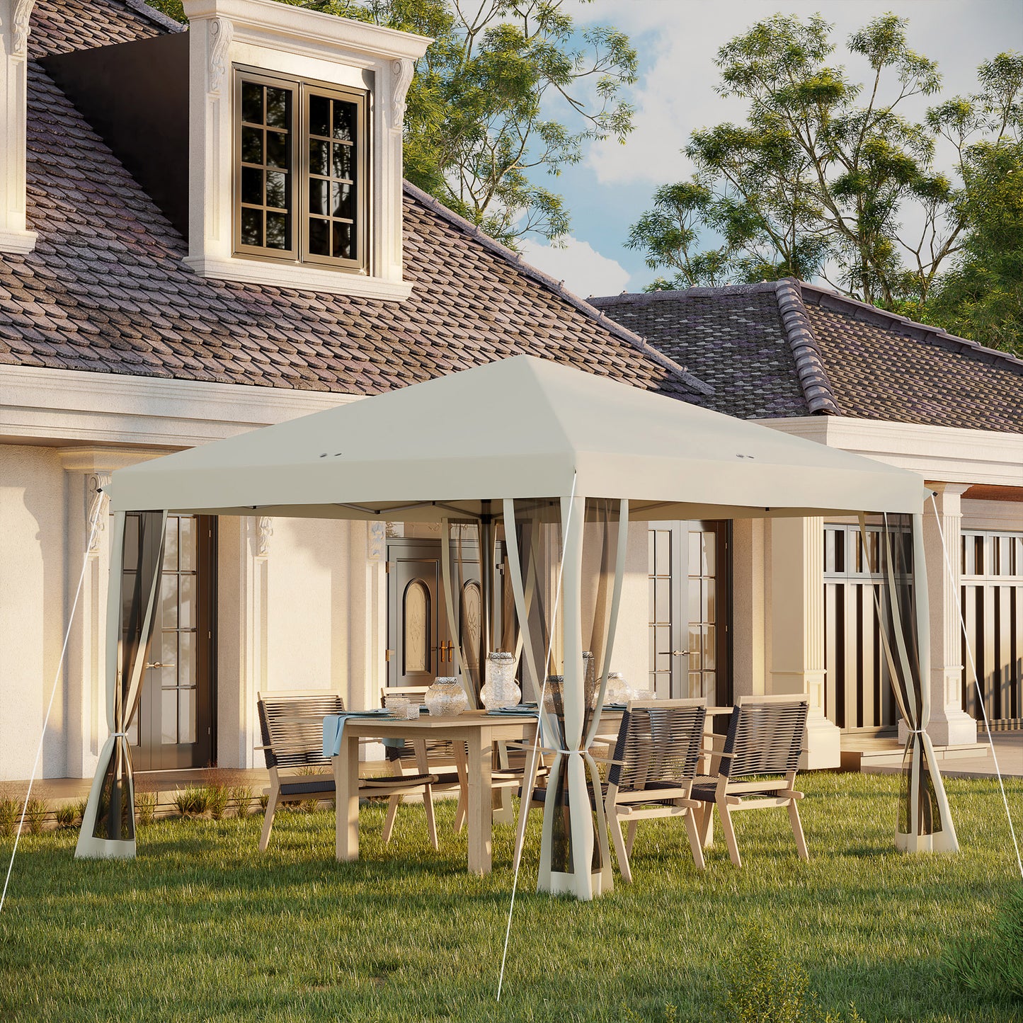 10x10 Pop Up Canopy Tent with Netting - Beige, Adjustable Height