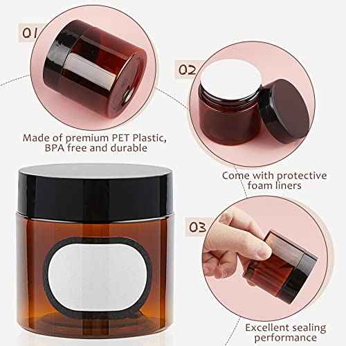 20 Pack 2 oz Amber Plastic Jars with Lids and Labels, Empty Salve Containers Refillable Cosmetic Jars for Creams, Lotion, Body Scrubs