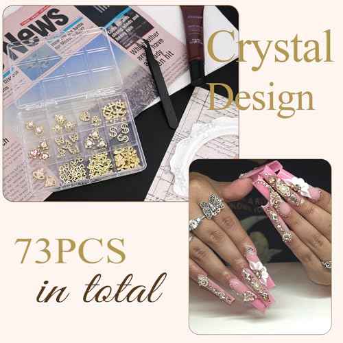 12 Grid Gold Nail Charms Kit - Crystal Pink Heart, Sparkly Dollar Sign, 3D Cross Butterfly Bowknot Charms - Y2K with Glue Gel, Tweezer for Women DIY Crafts Decoration