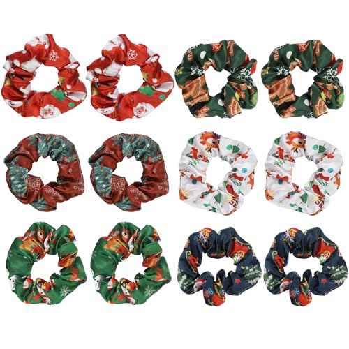 12PCS Christmas Hair Scrunchies, 4.3 Inch Santa Claus Xmas Tree Gingerbread Man Reindeer Patterns Elastic Hair Ties Christmas Ponytail Holders Hair Accessories for Women Girls (6 Styles)