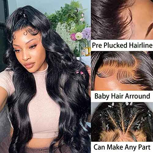 Body Wave Lace Front Wigs Human Hair 13x4 HD Transparent Lace Frontal Wigs Human Hair for Women Brazilian Virgin 200% Density Glueless Wigs Human Hair Pre Plucked with Baby Hair Natural Black 24 Inch