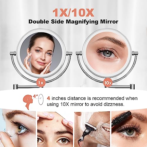 FASCINATE Upgraded Wall Mounted Makeup Mirror with Lights, Super Large Double Sided 1X/10X Magnifying Mirror for Bathroom, 360¡Æ Swivel Extendable Plug Touch Sensor Vanity Mirror