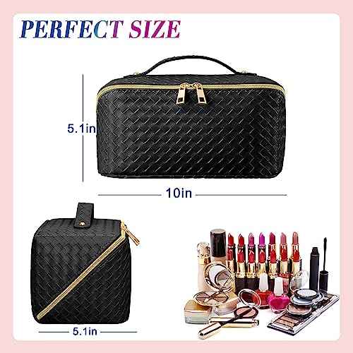 Travel Makeup Bags Large Capacity Women Checkered Cosmetic Bag Portable PU Leather makeup Organizer Bag Open Flat for Easy Access(B-Blcack)