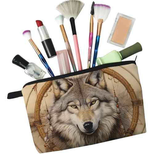 Wolf Dreamcatcher Makeup Bag Wild Wolf Small Cute Organizer Bag Zipper Pouch Wolf Print Cosmetic Bag Present for Wolf Lovers Women Friends