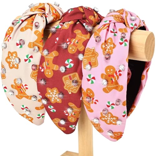 CiyvoLyeen Gingerbread Headband Ribbon Knotted with Jeweled Rhinestones for Women Wide Hot Pink Red Cookies GibberyHouse Hair Bands Girls Hair Accessories Gift Exchange Ideas 3PCS Christmas Gift