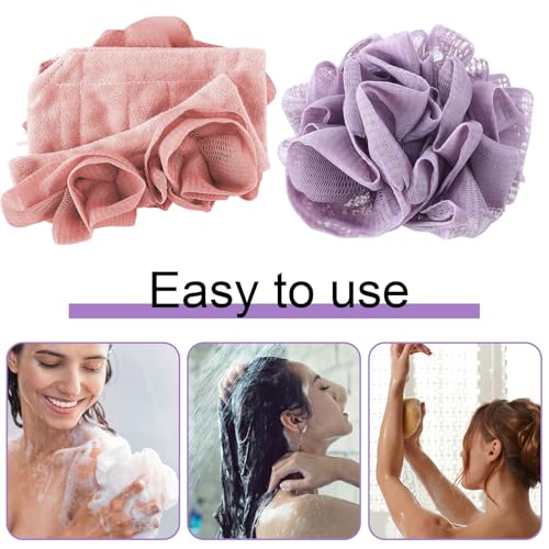3 Pcs Washcloth Loofah Combo, 2 in 1 Bath Loofah Sponge with Drawstring, Exfoliation Mesh Shower Puff Ball for Body Wash Cleansing and Smooth Skin (Purple Pink Beige)