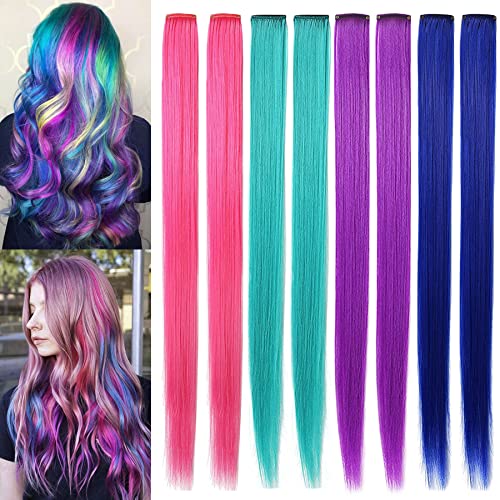 Rhyme 8 Pcs 21 inch Colored Hair Extensions Clip in For Girls Women Hair Accessories Wig Hairpieces Christmas birthday Gift Cosplay Hairstyles (Pink Purple Blue Teal)