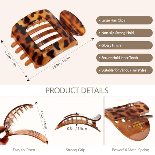 Flat Square Hair Clips Large Claw Clips for Thick Medium Thin Hair 6Pcs Non Slip Strong Hold Barrettes French Duckbill Accessories for Women Girls Leopard Tortoise Shell