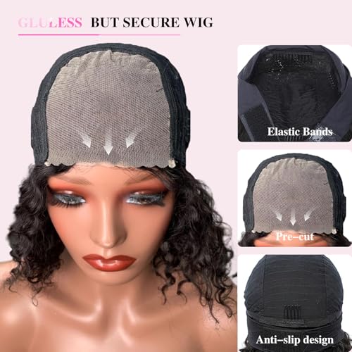 Deep Wave 5x5 HD Lace Closure Curly Wigs for Black Women Glueless Wigs Human Hair Pre Plucked Pre Cut 180 Density Short Curly Human Hair 8 Inch Natural Black