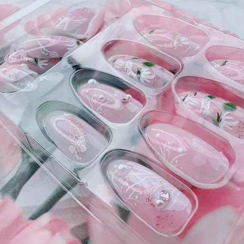 24Pcs Floral Almond Press on Nails Short Light Pink Fake Nails Cute French Nails Press ons Flower Full Cover Stick on Nails Almond Shape False Nails Tip Pearl Nails for Women Daily Wear Manicure Kit