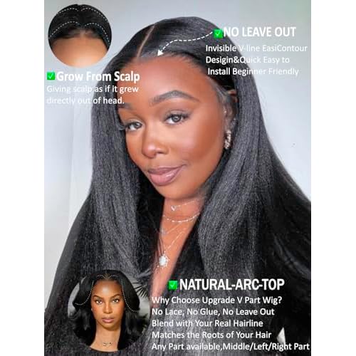 KLAIYI Yaki Straight V Part Wig Human Hair Glueless Upgrade U Part Wig No Leave Out No Gel Machine Made Clip In Half Wigs for Women Beginner Friendly 30S Ready to Wear Kinky Wig Natural Color 18Inch