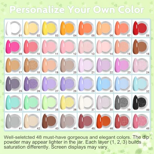 Lavender Violets 62 Pcs Dip Powder Nail Kit Starter, 48 Colors Nude Pink Brown Red Green Blue Purple Glitter with Dip Powder Liquid Set and Essential Manicure Tools for Nail Art Designs G902