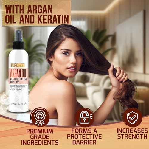 Moroccan Argan Oil Heat Protectant Spray for Hair - Leave In Thermal Guard against Flat Iron, Straightener and Blow Dry Damage - Hydrating Anti Frizz Control for Straight, Black and Curly Locks
