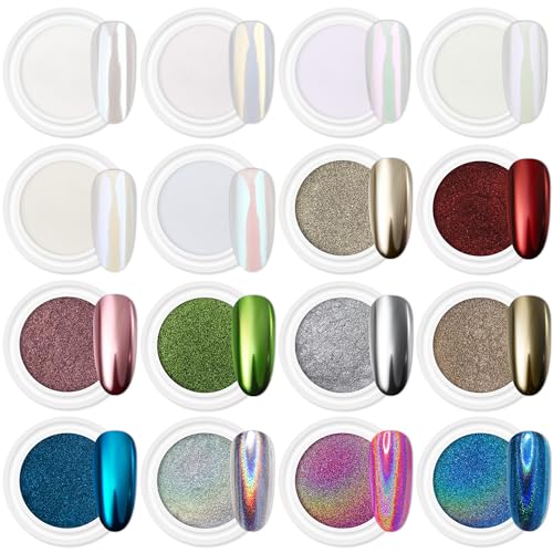 Artdone 16Jars Chrome Nail Powder Magic White Pearl Kit Mirror Effect Silver Metallic Holographic Dip Nail Powder for Resin Craft & Nail Art Fimo, Decoration Iridescent Aurora Mermaid Pigment