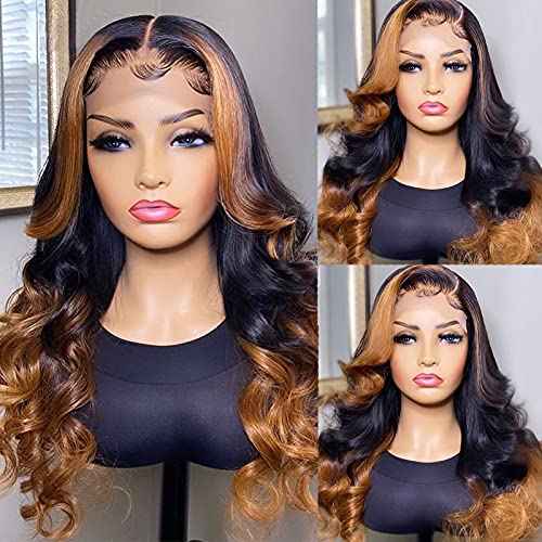 JYZ Wavy Blonde Lace Front Wigs Human Hair 13X4 Ombre Lace Front Wig Human Hair 2 Tones Color 1B/30 Color Wigs for Black Women Human Hair Transparent Pre Plucked with Baby Hair (18 Inch Middle Part)