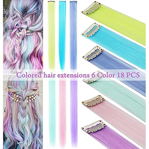 18 PCS Colored Hair Extensions 21Inch Heat-resistant Synthetic Straight Hair Extensions Clip in,Hair Accessories for Girls Holiday Party Hair Highlights Women Wig Pieces (Multi-colored)