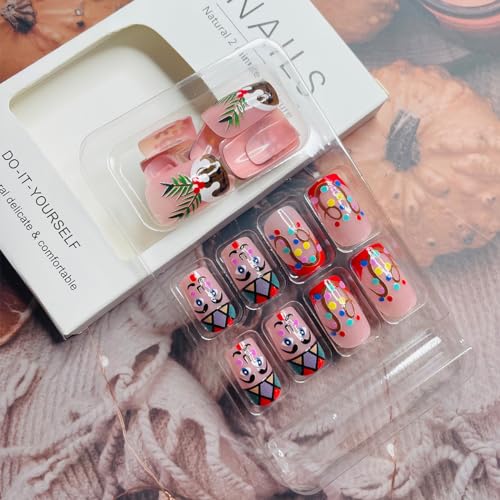 24Pcs Christmas Press on Nails Square Medium Length Fake Nails Cute Cartoon Elk Xmas Lights Stick on Nails Full Cover Acrylic False Nails with Design Winter Glue on Nails for Women DIY Christmas Nails