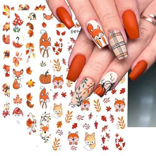 Fall Nail Art Stickers 3D Thanksgiving Leaf Nail Decals Nail Art Supplies Self-Adhesive Gold Maple Leaves Pumpkin Little Fox Nail Designs DIY Salon Accessories Autumn Winter Manicure for Women