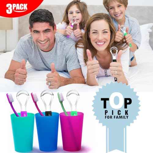 3 Pack Metal Tongue Scrapers for Kids Adults, Stainless Steel Tongue Cleaner Scrubber with Travel Case