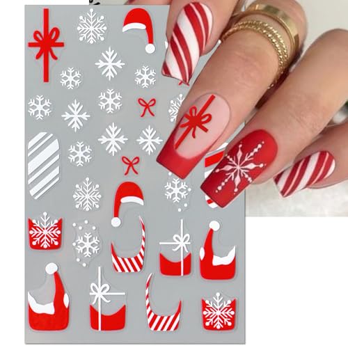Christmas Gift Bow Nail Art Stickers, Santa Hat Elk Snowflake Design, 3D Self-Adhesive Glitter French Nail Tip Winter Holiday Nail Decals for Women (5 Sheets)